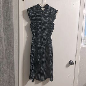 A line cap sleeved, navy blue polkadot, button front dress with pockets